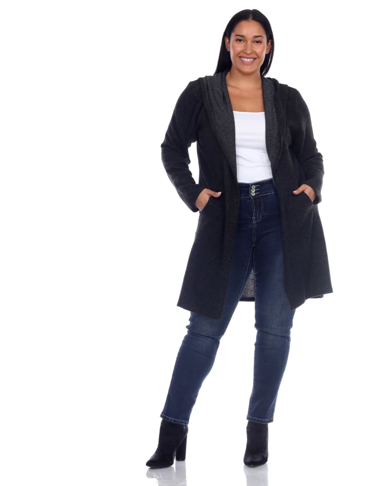 Front of a model wearing a size One Size Plus Womens North Cardigan in Charcoal by White Mark. | dia_product_style_image_id:246403